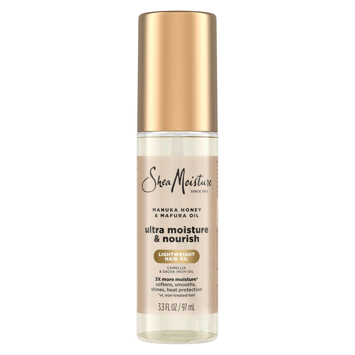 Shea Moisture front packaging showing bottle and label, conveys brand trust