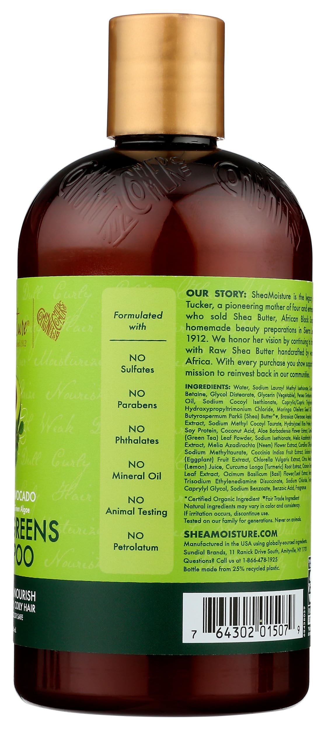 Shea Moisture ingredient label closeup highlighting moringa and avocado extracts
