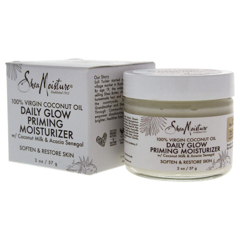 Shea Moisture on bathroom vanity beside makeup, showing priming moisturizer benefit for makeup prep
