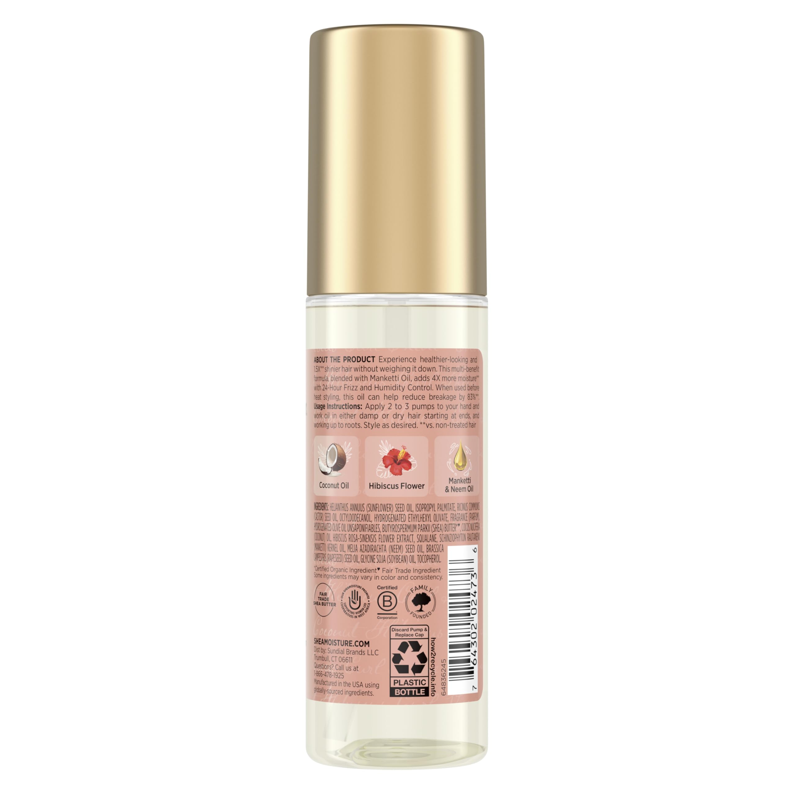Shea Moisture pump dispensing oil highlighting easy application and controlled product use benefit