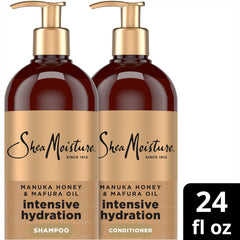 Shea Moisture bottle next to hand showing scale and travel-ready 24 oz convenience benefit