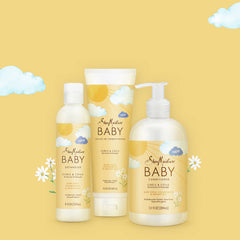 SheaMoisture baby smiling after bath, soft moisturized curls and happy expression