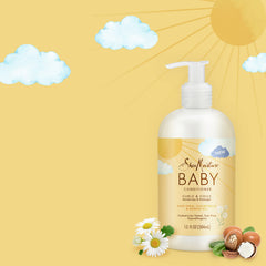 SheaMoisture conditioner rinsing from baby hair in bath, gentle clean finish