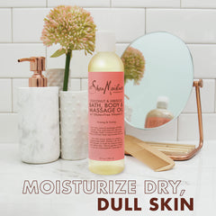 Shea Moisture bottle on bath ledge showing calm post-bath hydration