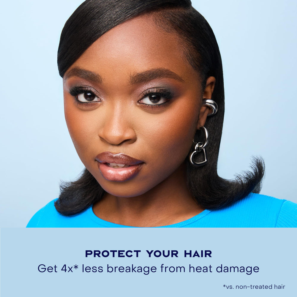 SheaMoisture before and after heat styling showing reduced frizz and smoother hair