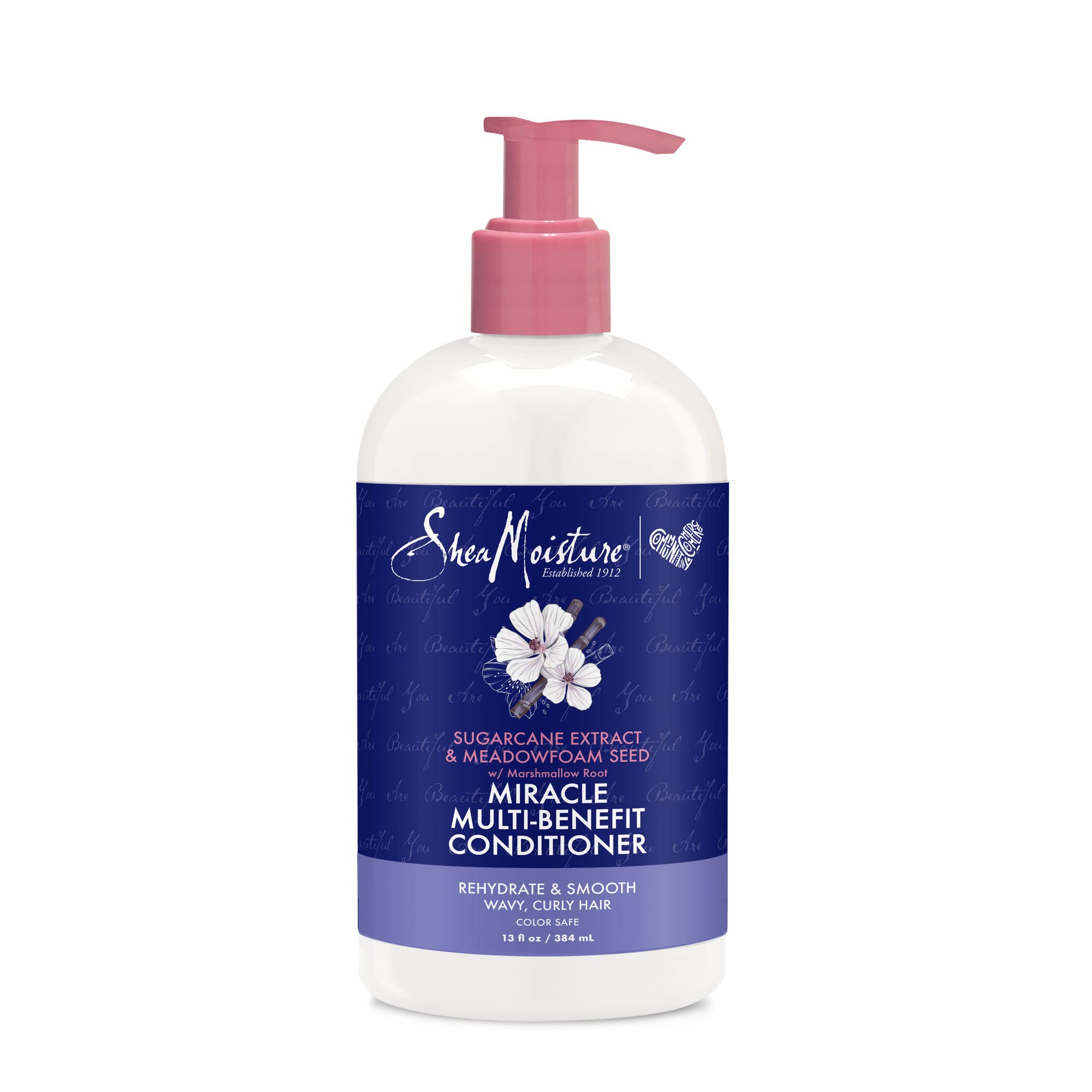 SheaMoisture front packaging showing bottle and label, highlights clean hydration benefits