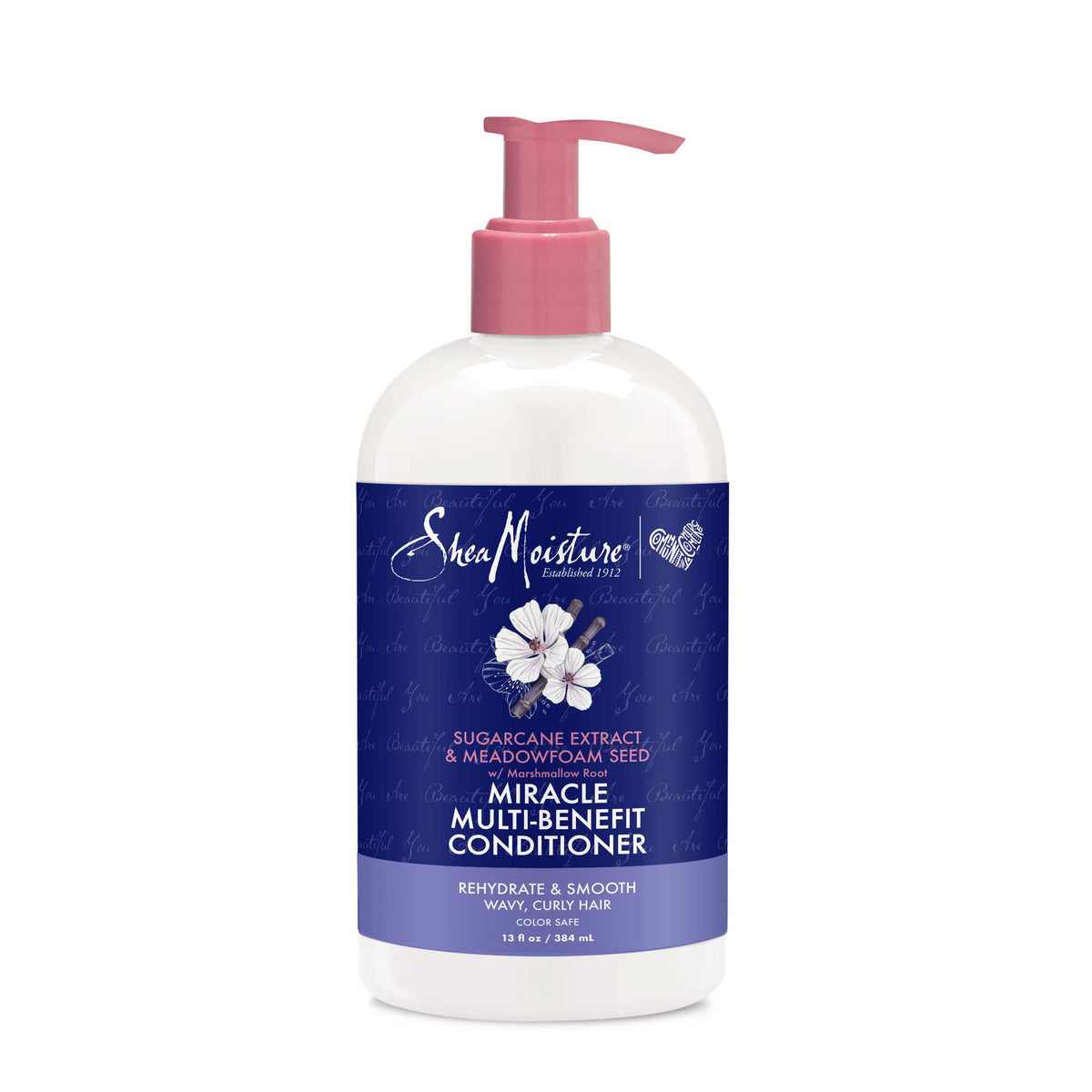 SheaMoisture front packaging showing bottle and label, highlights clean hydration benefits