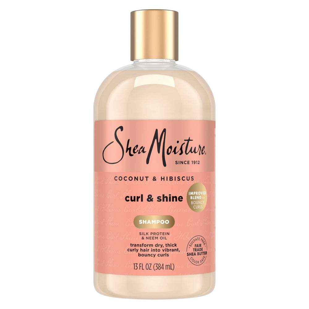 SheaMoisture front packaging showing coconut and hibiscus for visible curl benefits