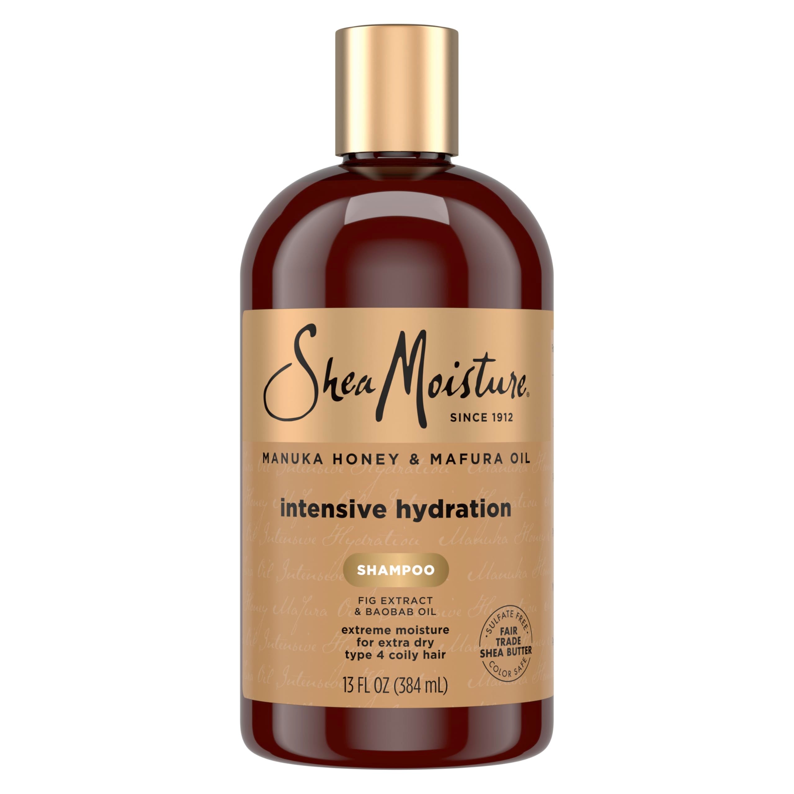 Shea Moisture front packaging showing bottle and product name, highlights hydration benefit