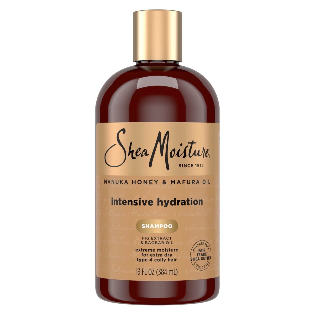 Shea Moisture front packaging showing bottle and product name, highlights hydration benefit
