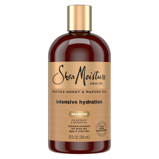Shea Moisture front packaging showing bottle and product name, highlights hydration benefit