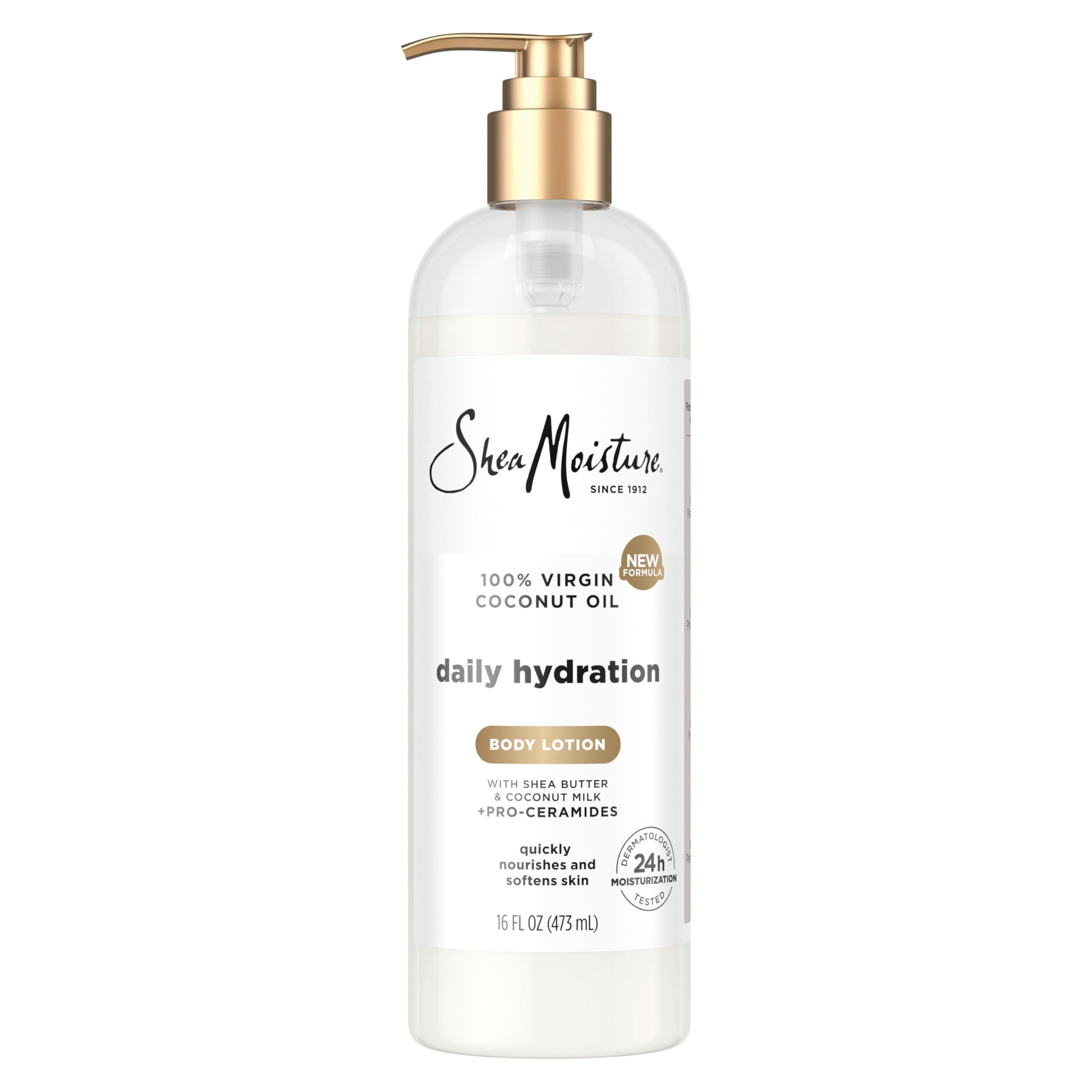 SheaMoisture front pump bottle showing brand and quick dispensing benefit