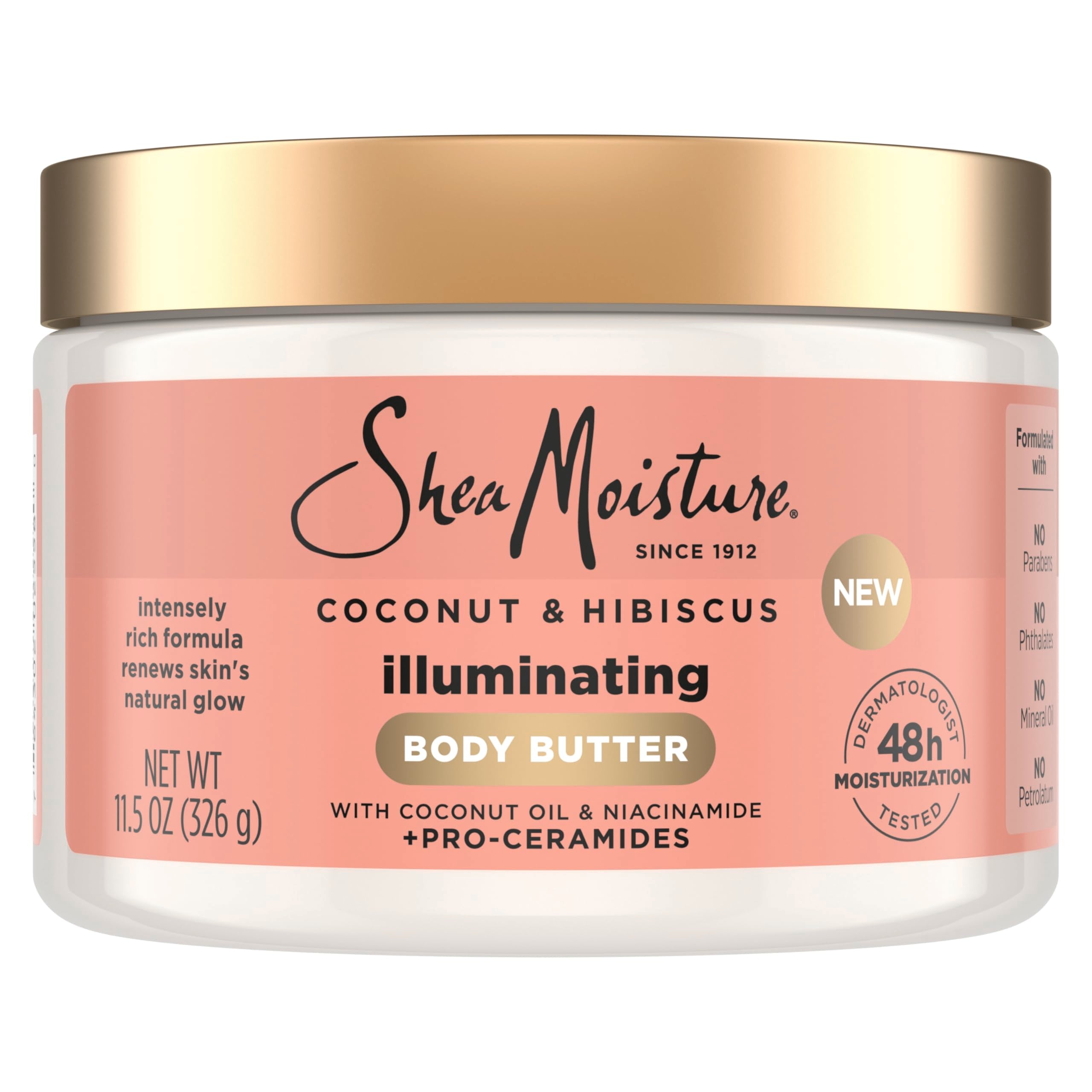 SheaMoisture jar front view showing label and radiant packaging benefit