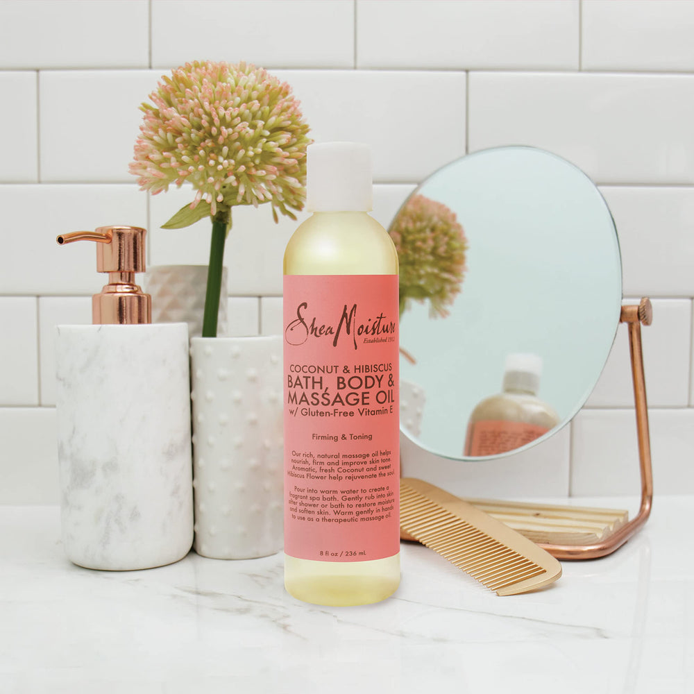 Shea Moisture bottle on bathroom shelf styled for a spa-like routine
