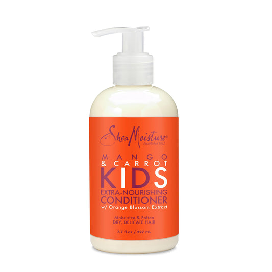 Shea Moisture front bottle view showing mango and carrot kids branding and benefit