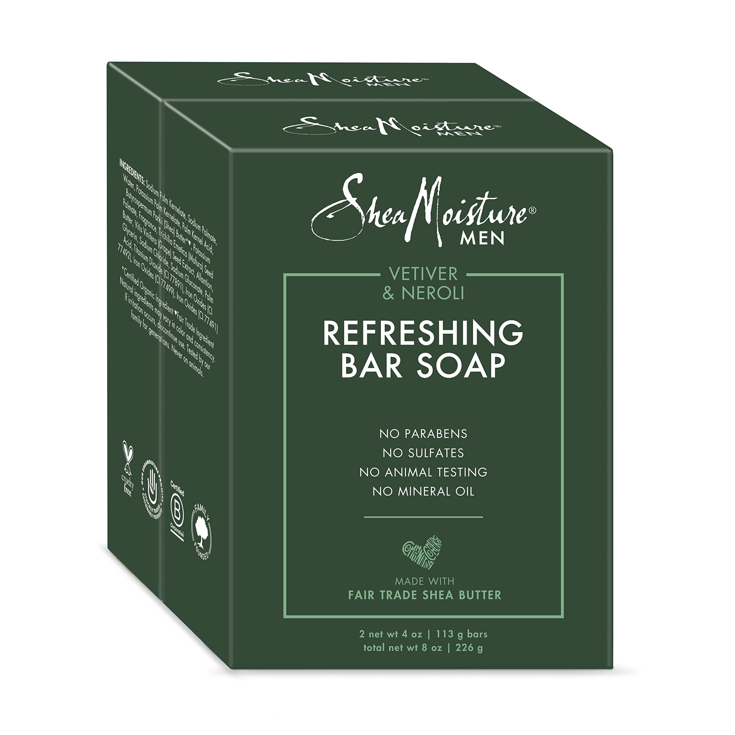 Shea Moisture front packaging showing two 4-ounce men's vetiver and neroli bars for everyday freshness