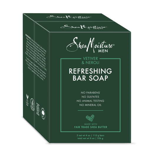 Shea Moisture front packaging showing two 4-ounce men's vetiver and neroli bars for everyday freshness