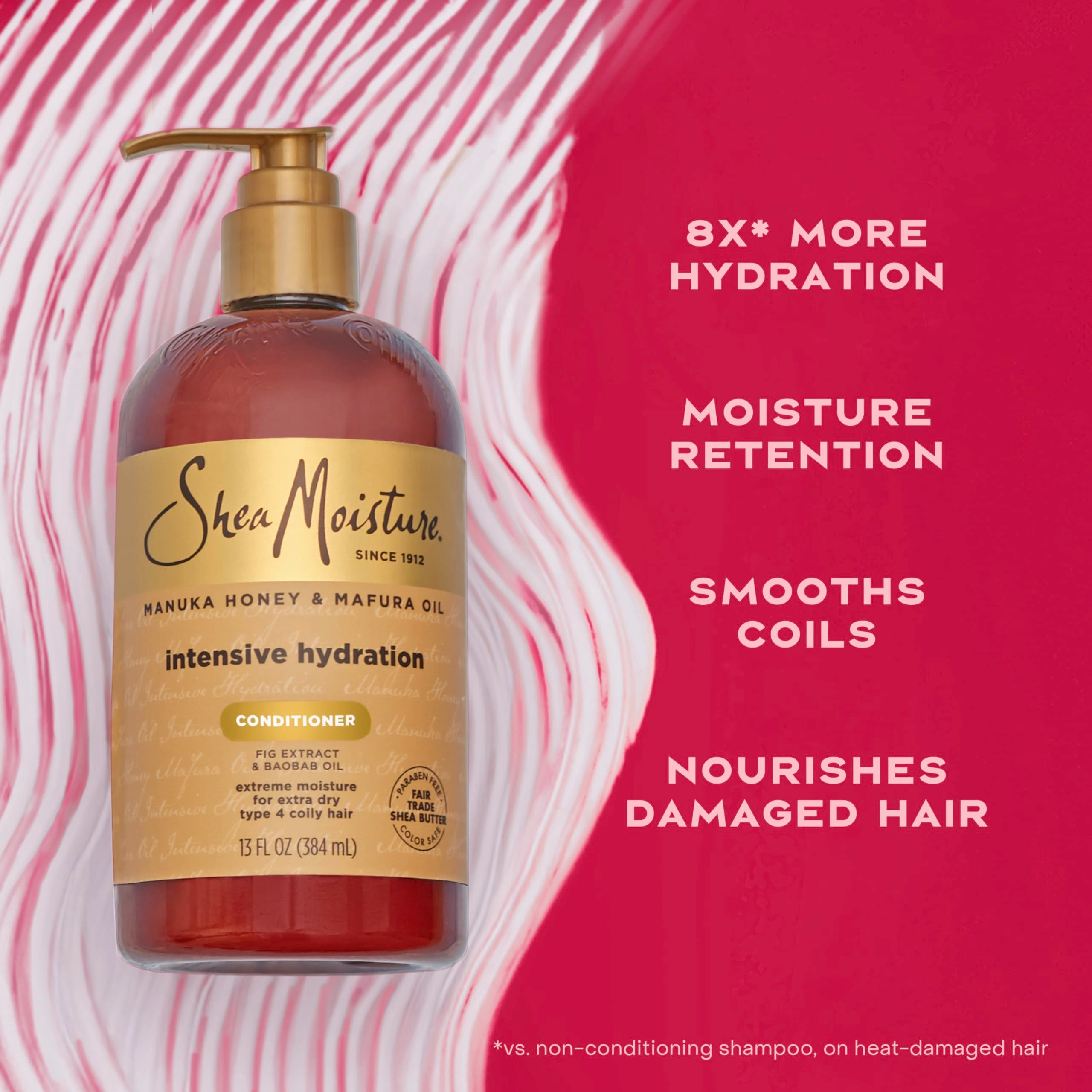SheaMoisture conditioner being poured into a hand demonstrating easy application
