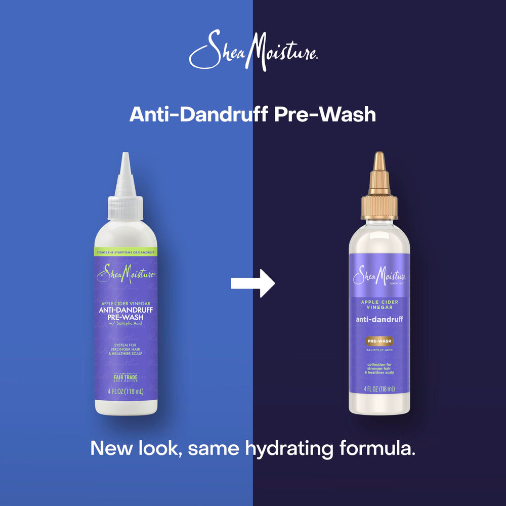 SheaMoisture pouring pre-wash onto scalp to loosen flakes and buildup