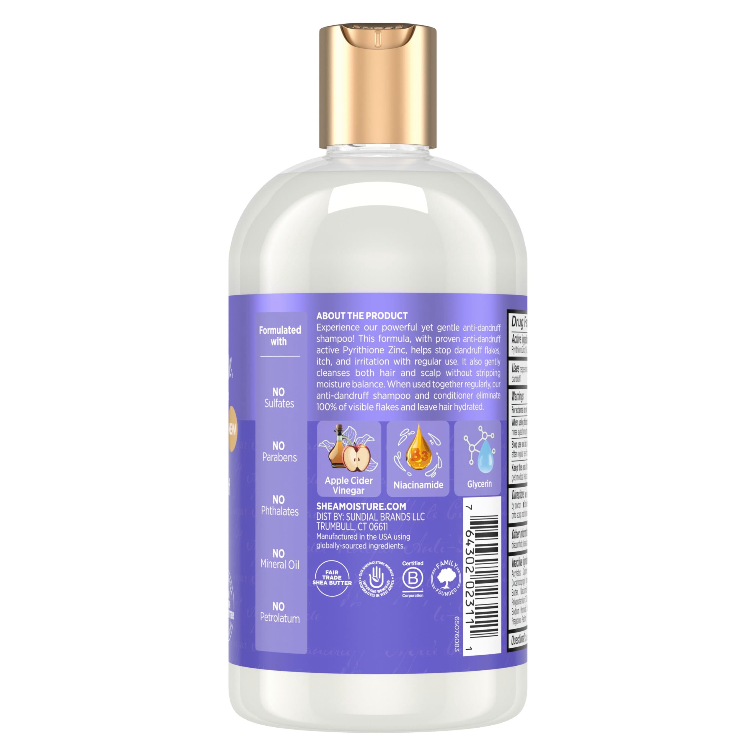 SheaMoisture label and pump close-up highlighting ingredient and ease-of-use benefit