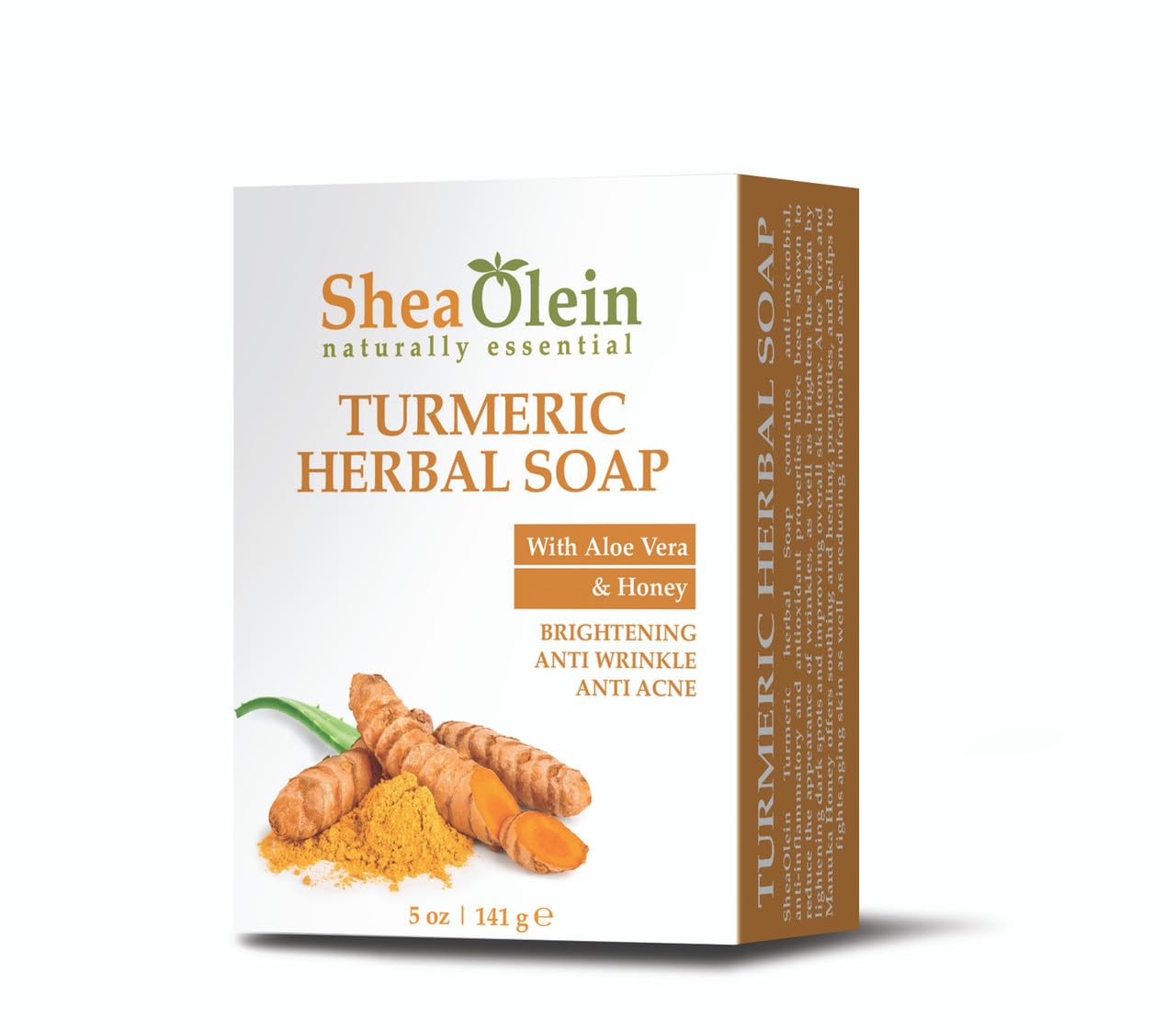 SheaOlein turmeric herbal soap front packaging showing label and benefits