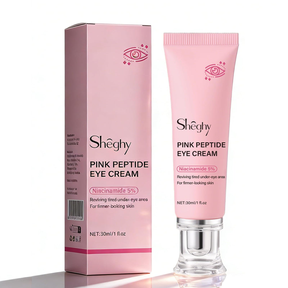 Sheghy front packaging showing PDRN pink peptide eye cream benefits
