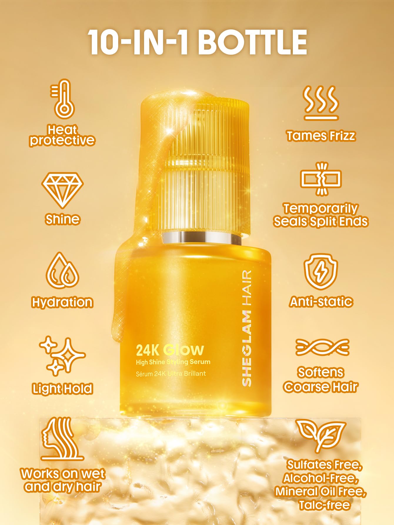 SHEGLAM 24K Glow serum texture on hand demonstrating lightweight absorption