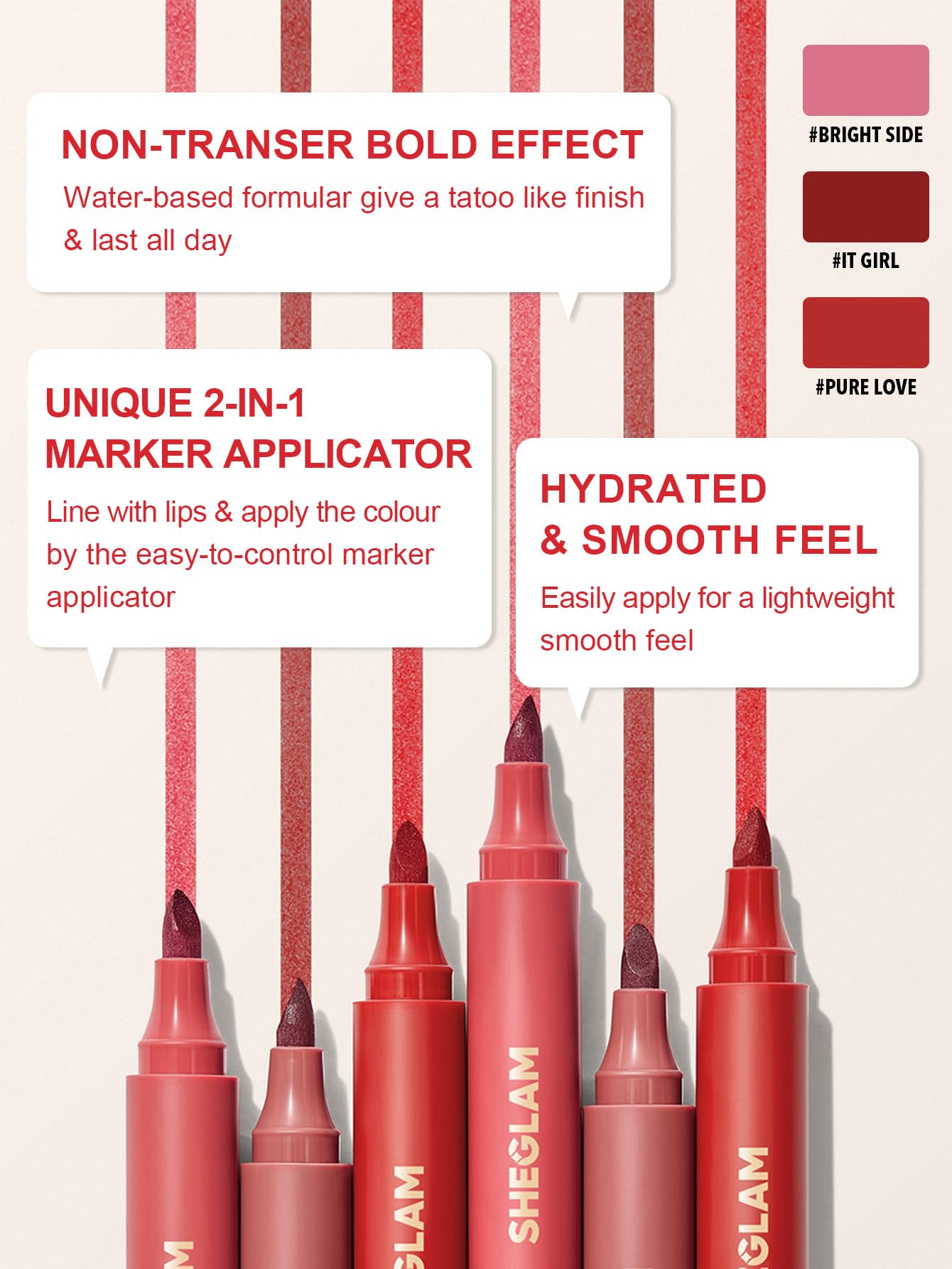 SHEGLAM applying Pure Love on lips illustrating smooth, even matte finish