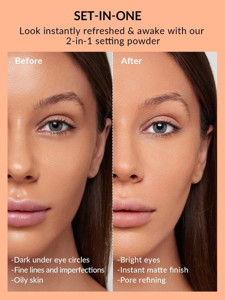 SHEGLAM powder being applied with a brush under eye demonstrating precise setting benefit