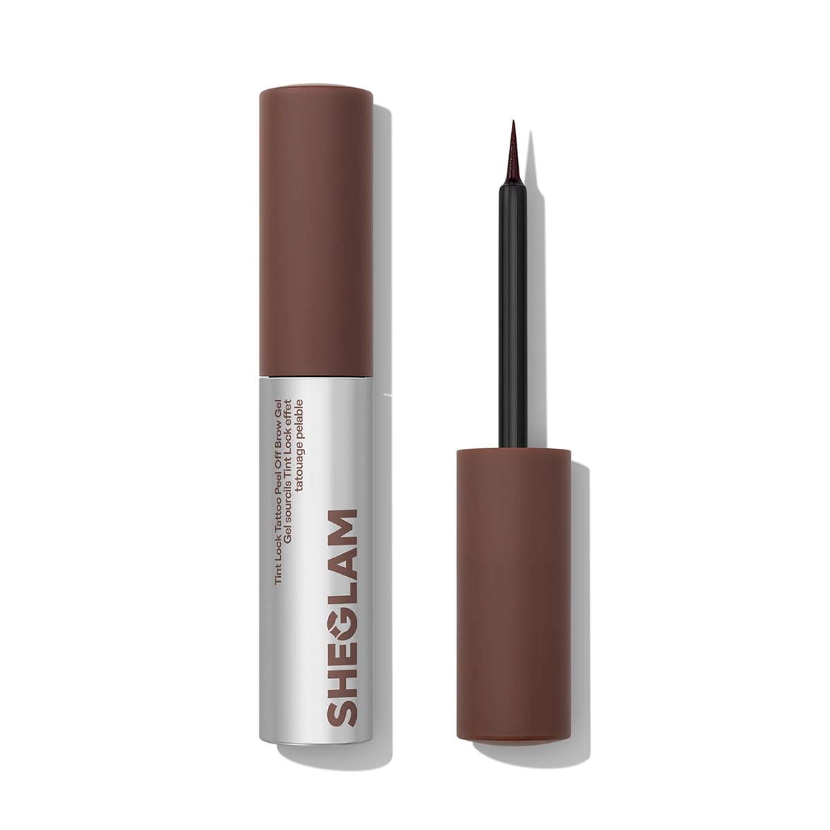 SHEGLAM front packaging showing auburn peel-off brow gel and clear benefits