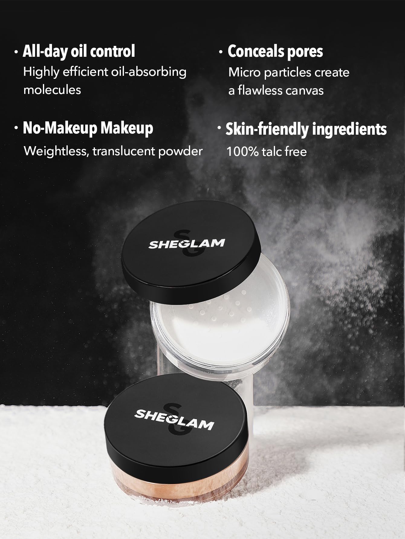 SHEGLAM model applying powder to T-zone, showing oil control and matte finish benefit