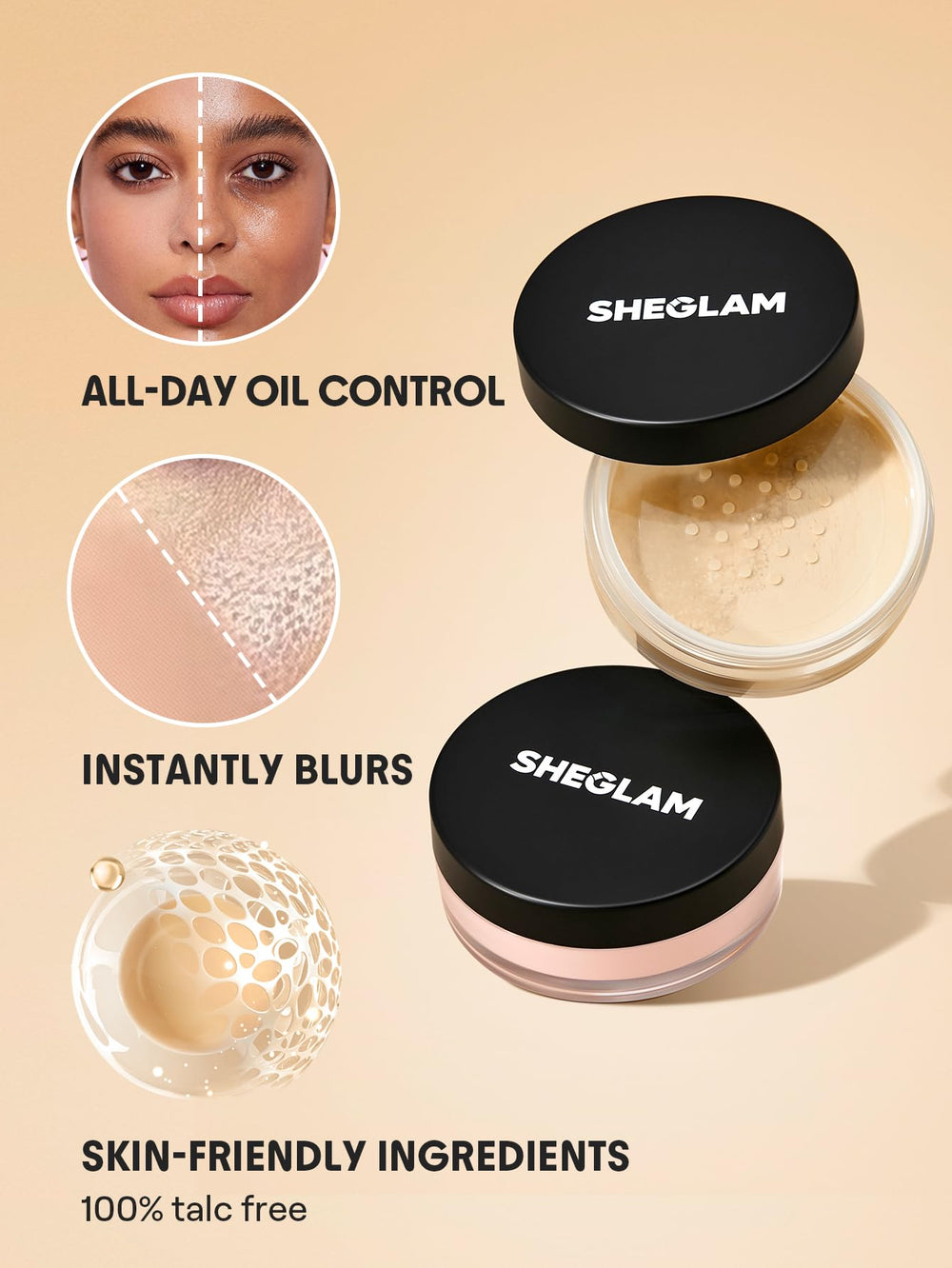 SHEGLAM applied on model's T-zone showing mattified pores and natural glow benefits
