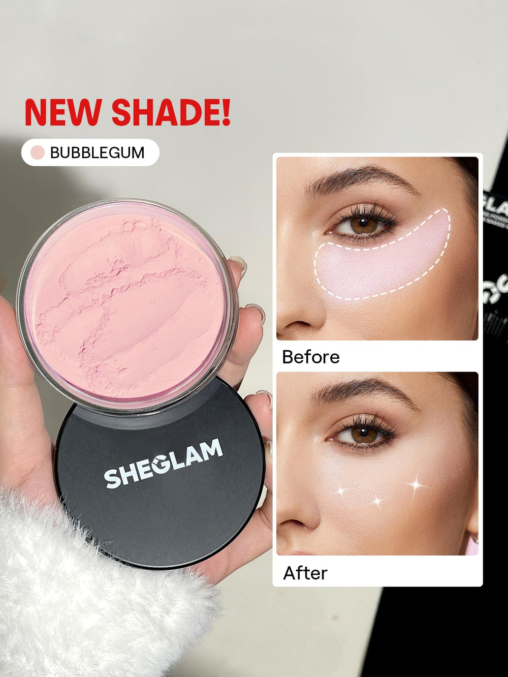 SHEGLAM open jar revealing baked powder texture and luminous particles for smooth finish