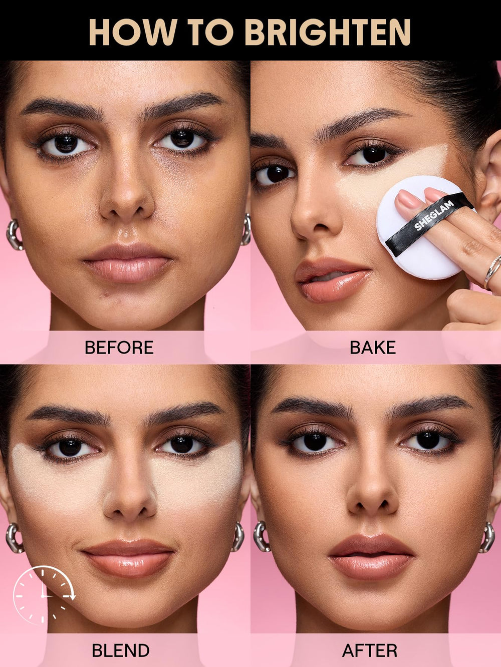 SHEGLAM powder puff pressing into product demonstrating quick oil control application