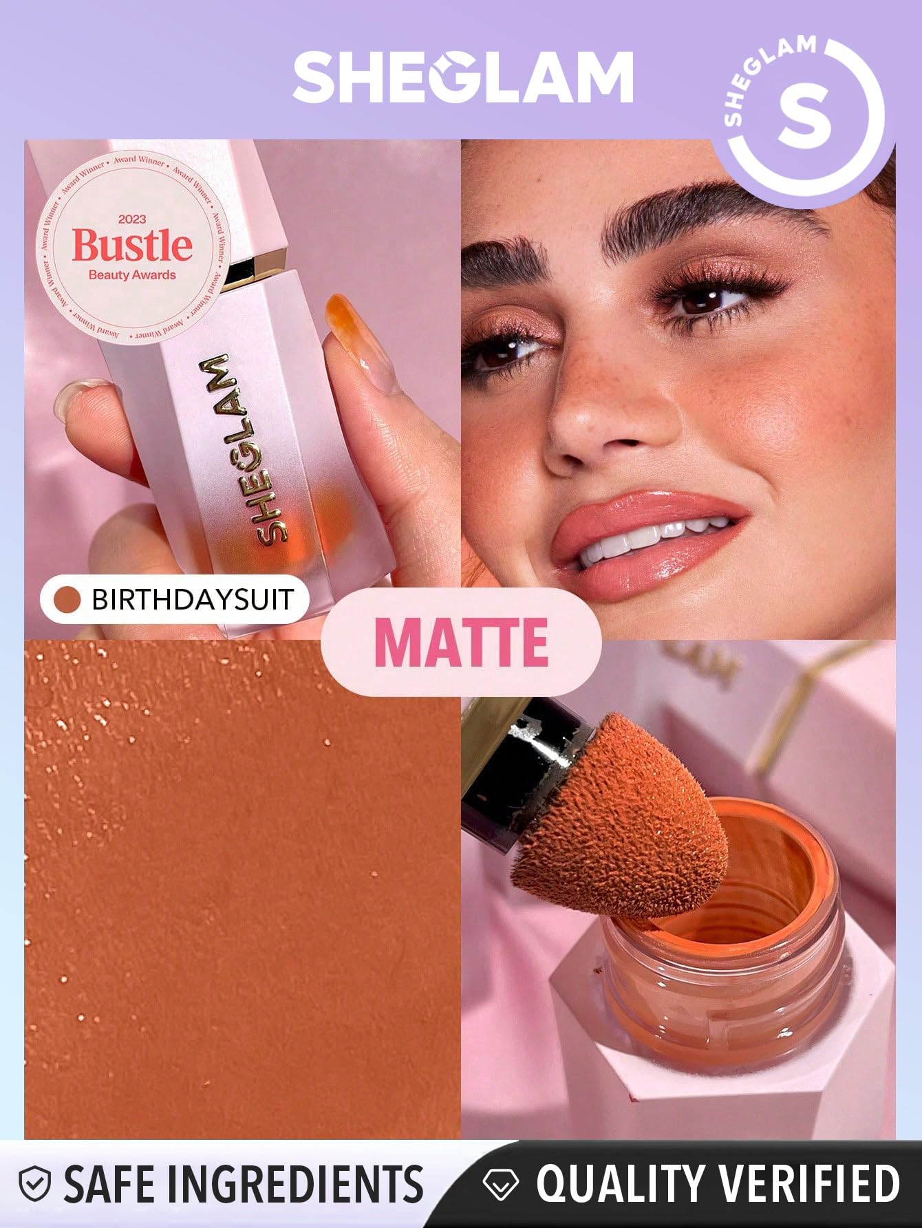 SHEGLAM label closeup showing ingredients and cruelty-free benefit