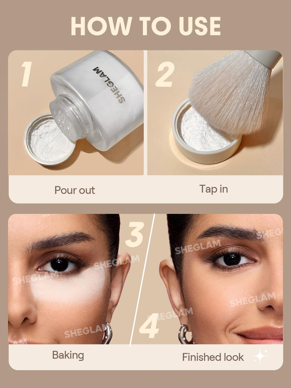 SHEGLAM powder applied with brush to forehead for matte, long-wear effect