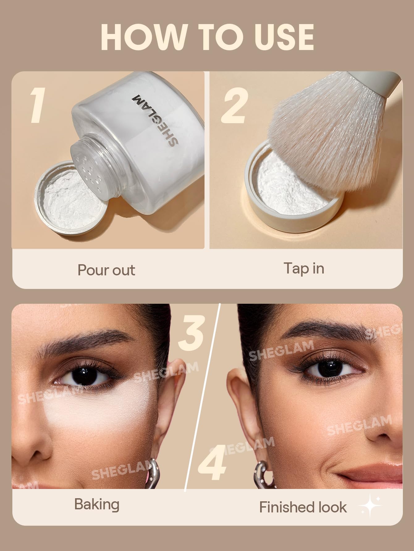 SHEGLAM powder applied with puff delivering long-lasting matte benefit