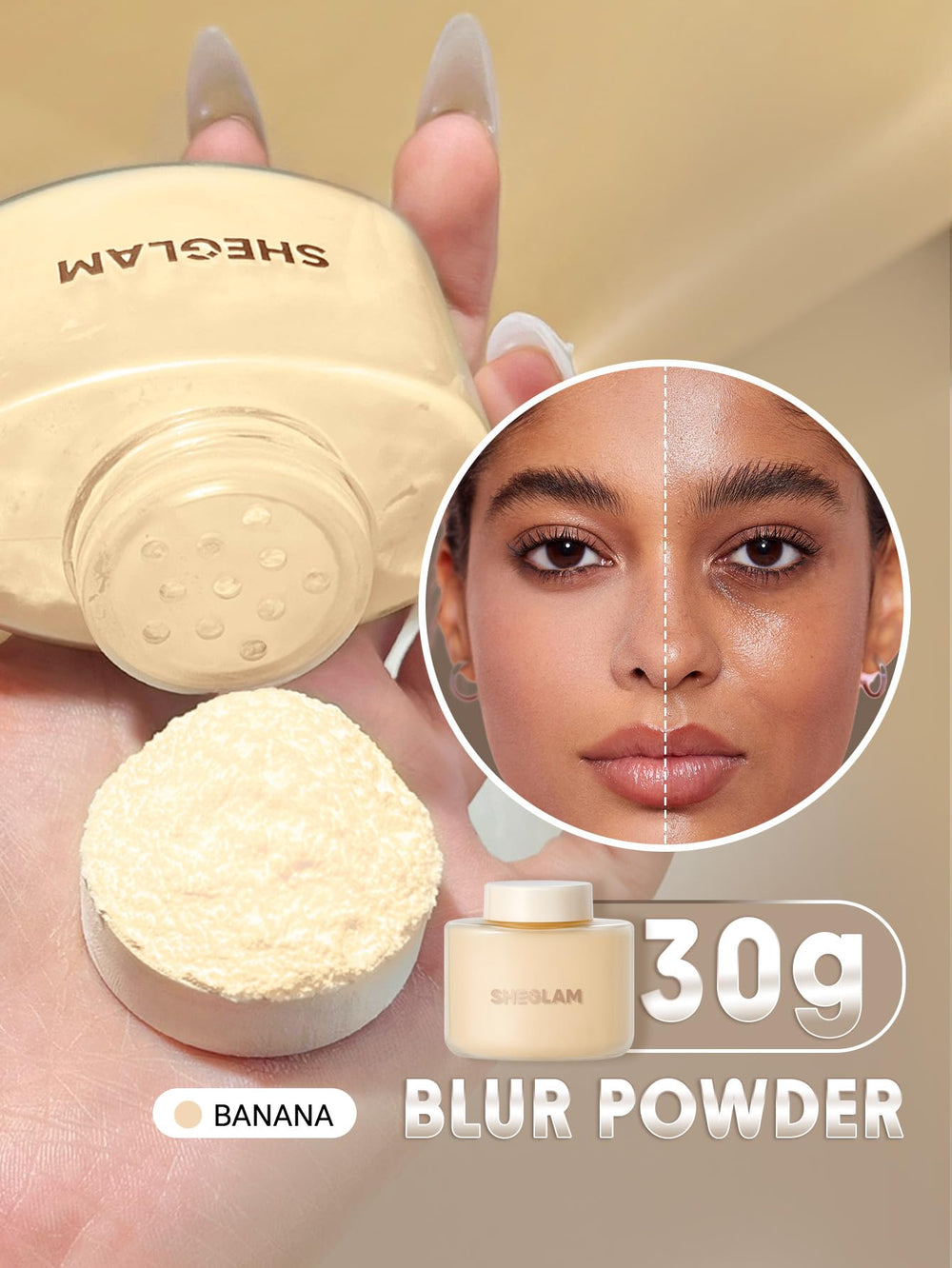 SHEGLAM open sifter revealing loose powder and easy dispensing benefit