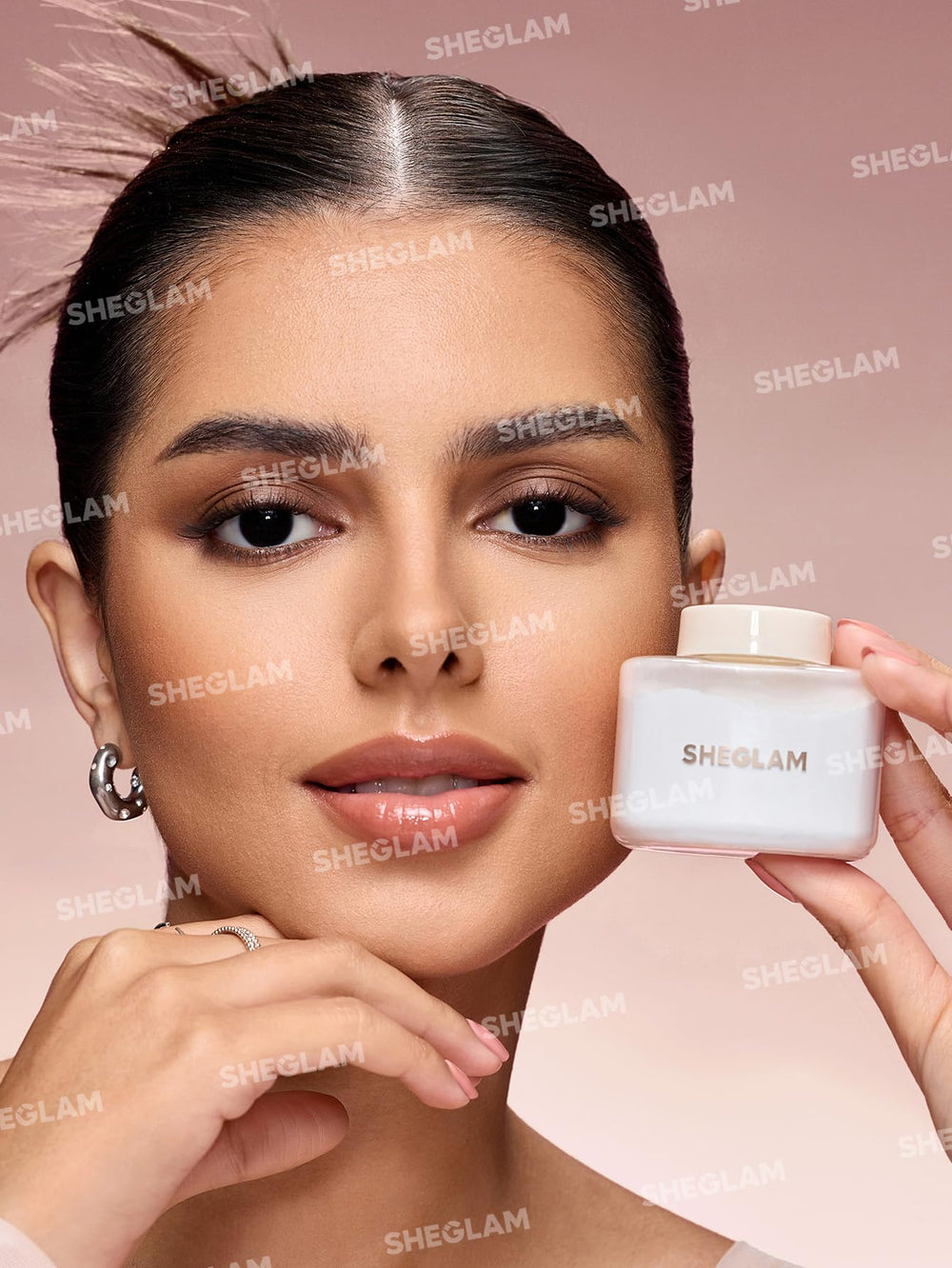 SHEGLAM half-face before-and-after showing blurred pores and reduced shine