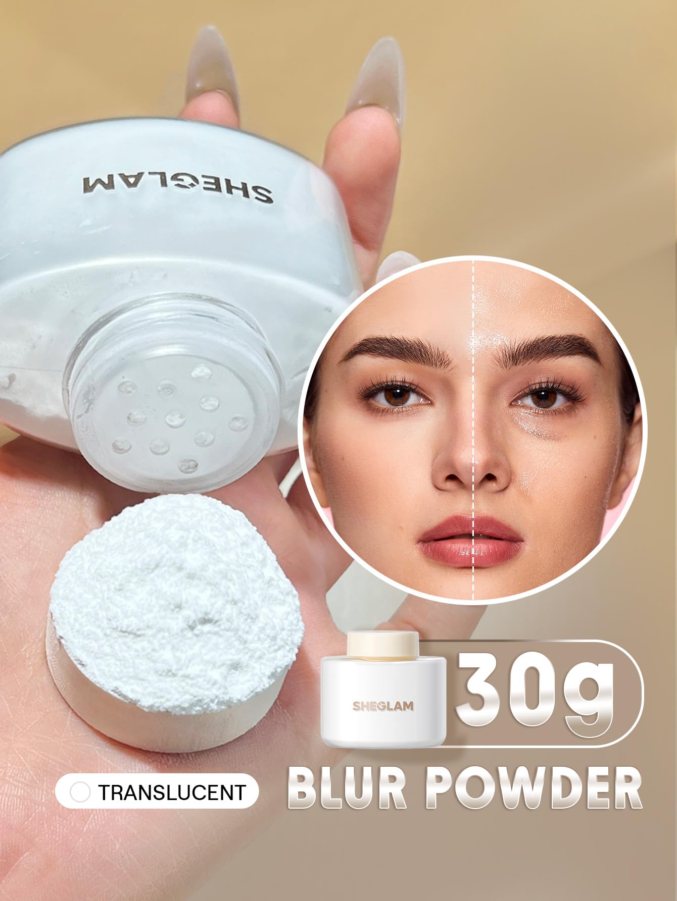 SHEGLAM open jar showing ultrafine translucent powder texture and smooth feel