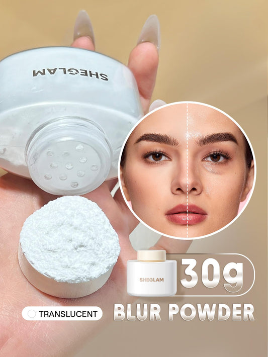 SHEGLAM open jar showing ultrafine translucent powder texture and smooth feel