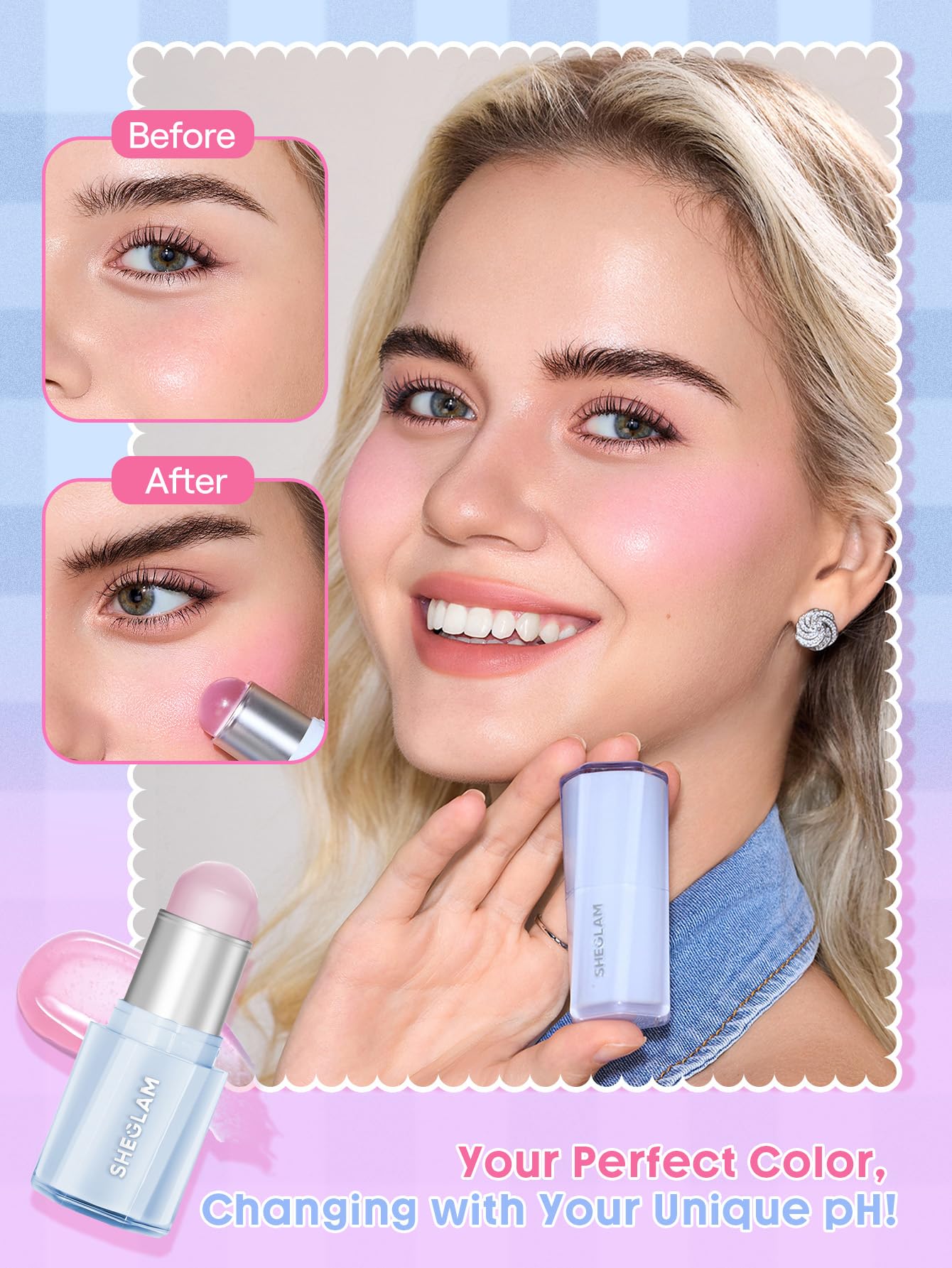 SHEGLAM close-up on cheek showing dewy, hydrated blush effect