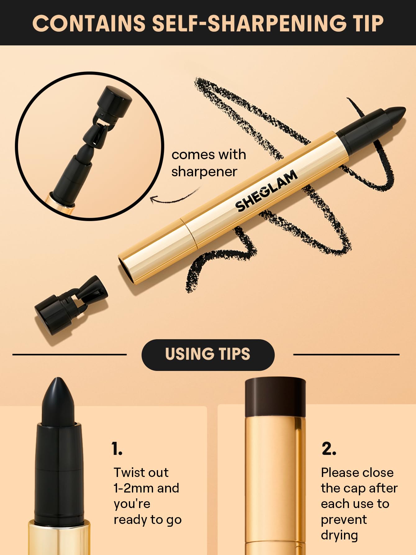 SHEGLAM applied on eye creating crisp black wing with long-lasting finish