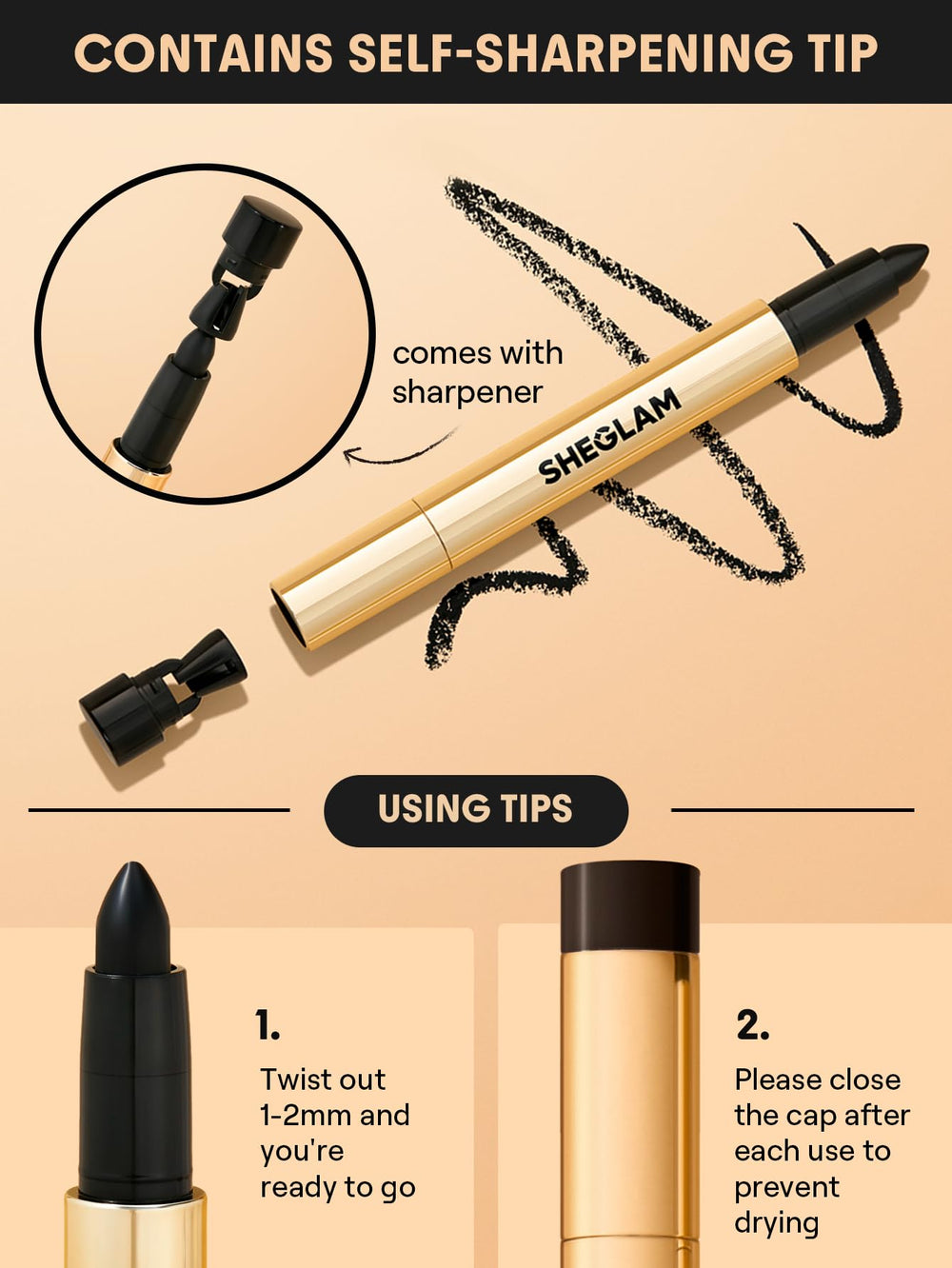 SHEGLAM applied on eye creating crisp black wing with long-lasting finish