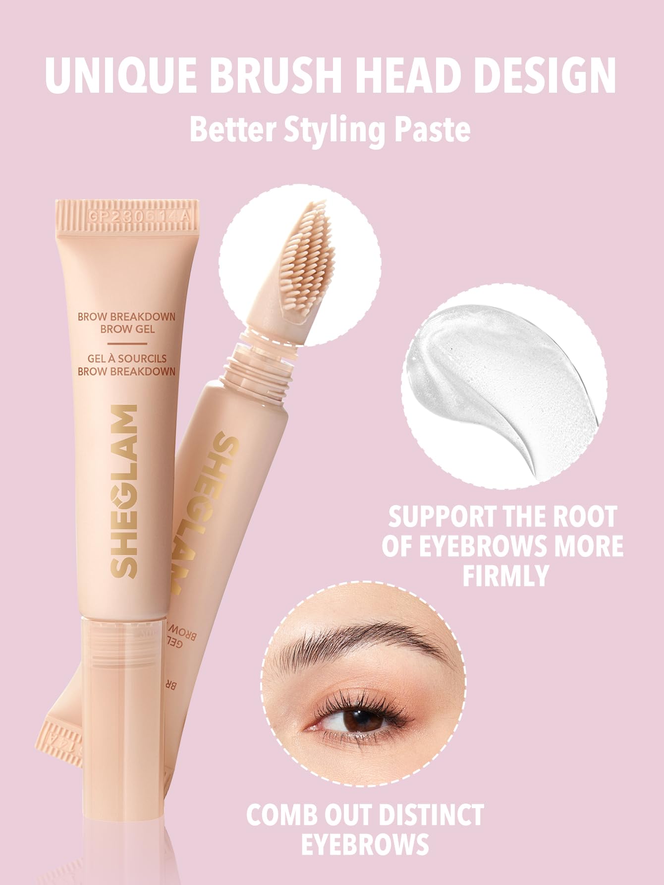 SHEGLAM close-up brush head demonstrating precise combing for neat brow shaping