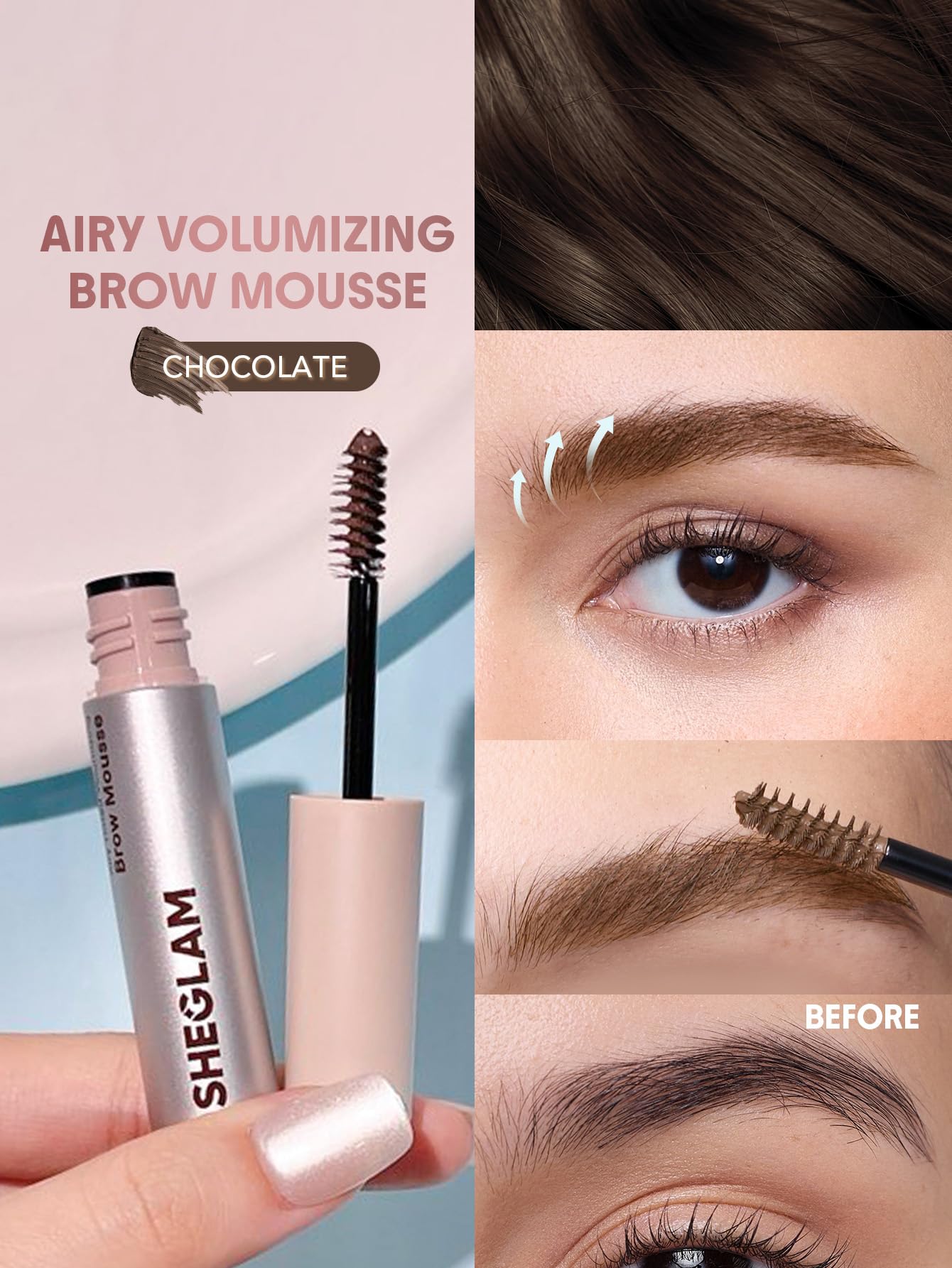 SHEGLAM dual-action spiral brush close-up deposits color and grooms hairs