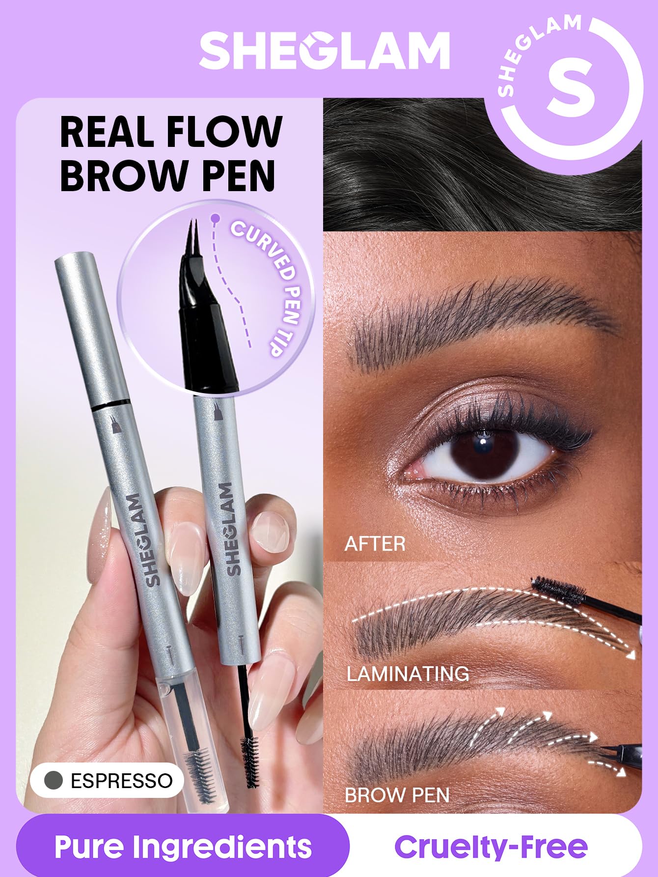 SHEGLAM two-prong tip close-up creating hair-like strokes for natural-looking brows