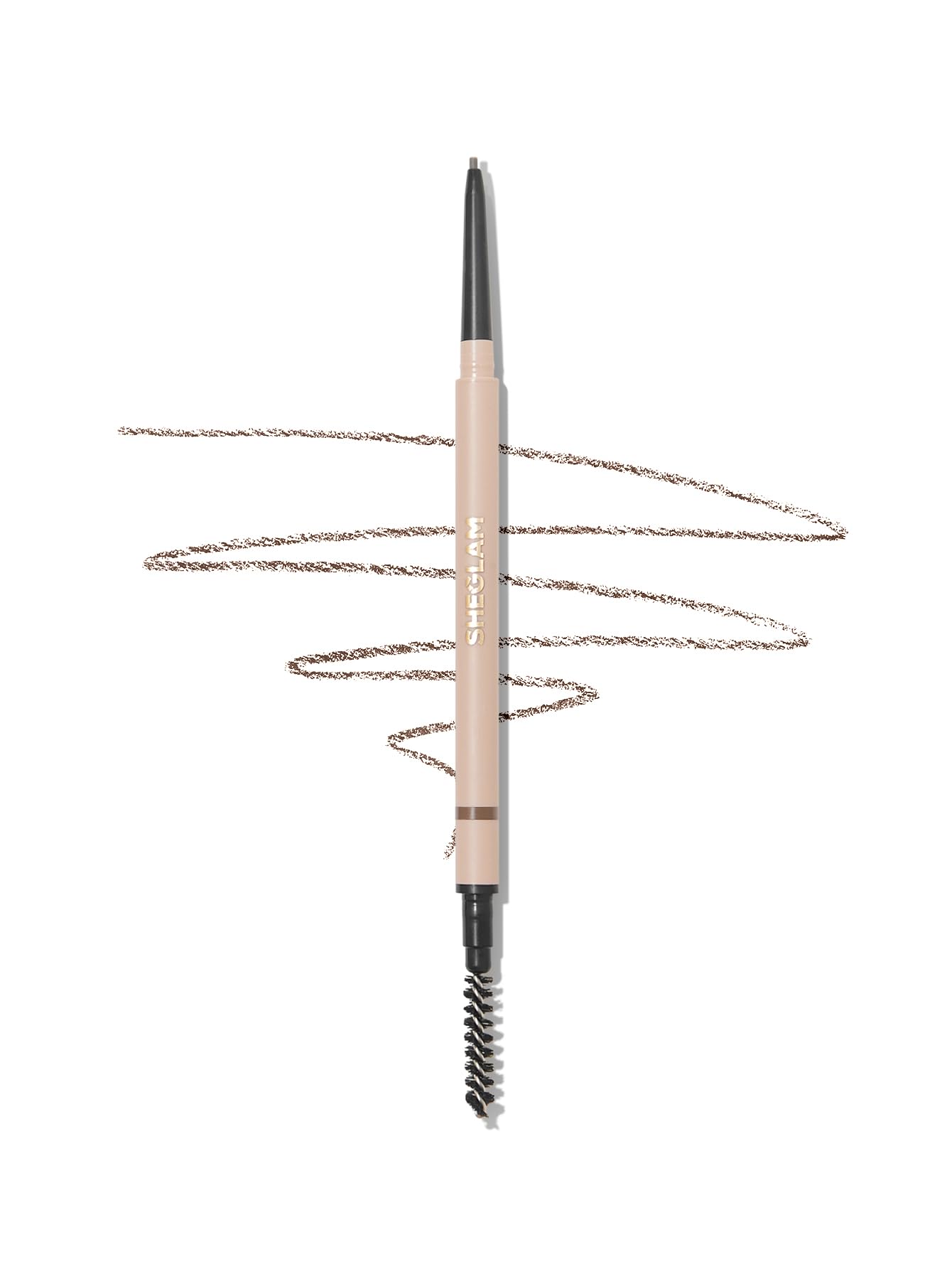 SHEGLAM brow pencil front packaging shows product and shade dark brown benefit precise application