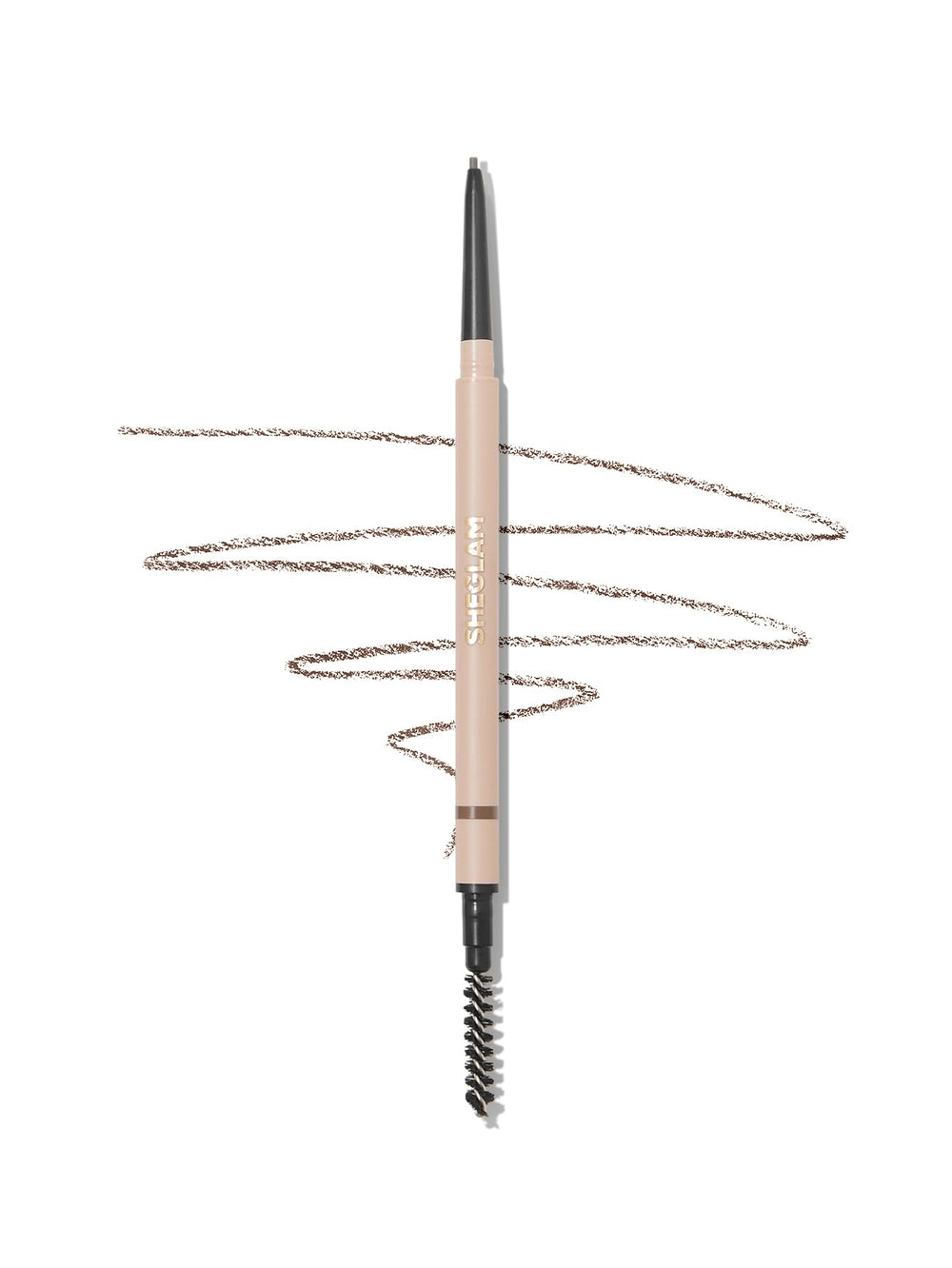 SHEGLAM brow pencil front packaging shows product and shade dark brown benefit precise application