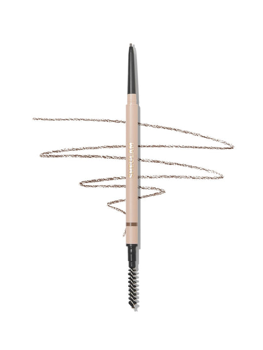 SHEGLAM brow pencil front packaging shows product and shade dark brown benefit precise application